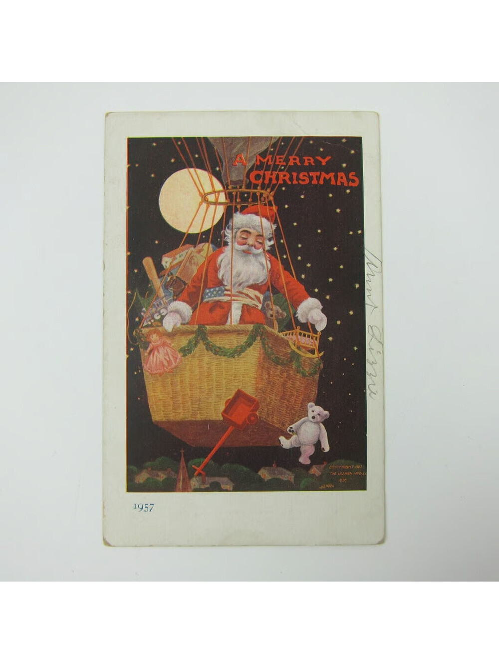Vintage Christmas Postcard Santa Toys Hot Air Balloon Night Moon Stars Antique